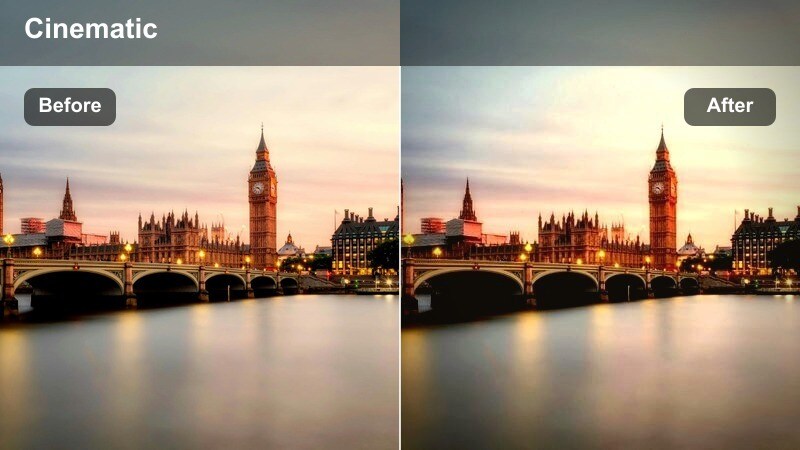 Hazy evening city skyline with golden light softening building edges