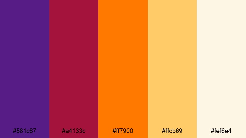 golden hour storyboard purple red orange color palette with hex codes