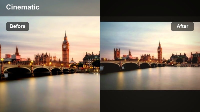 City skyline at golden hour with warm, soft tones