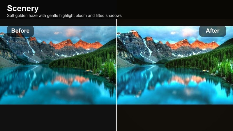 Warm golden mist filter over a coastal sunset landscape