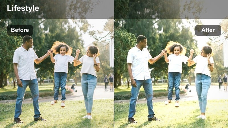 Warm evening kitchen scene with vlogger cooking at the stove under golden light