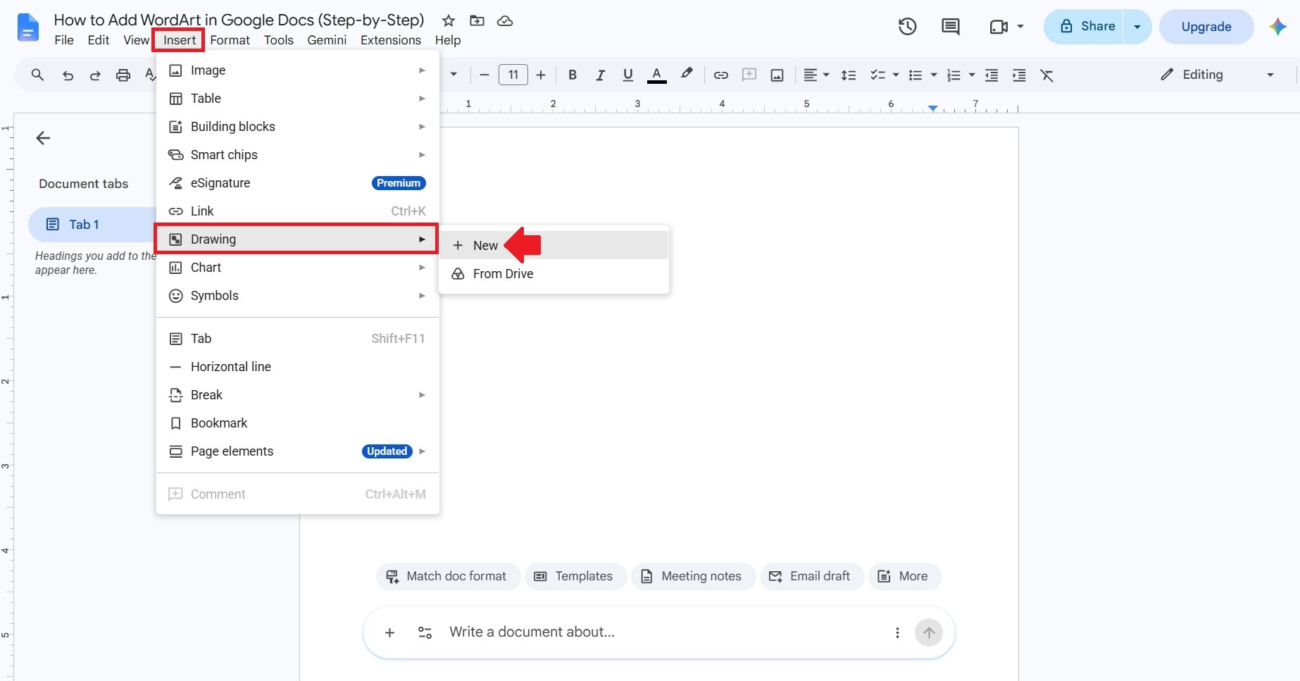 open the drawing tool in google docs