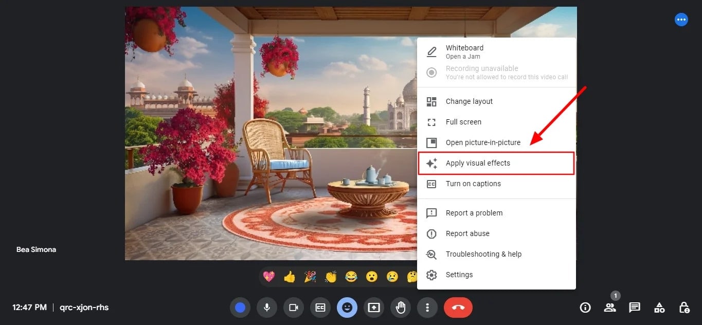 apply visual effects option google meet