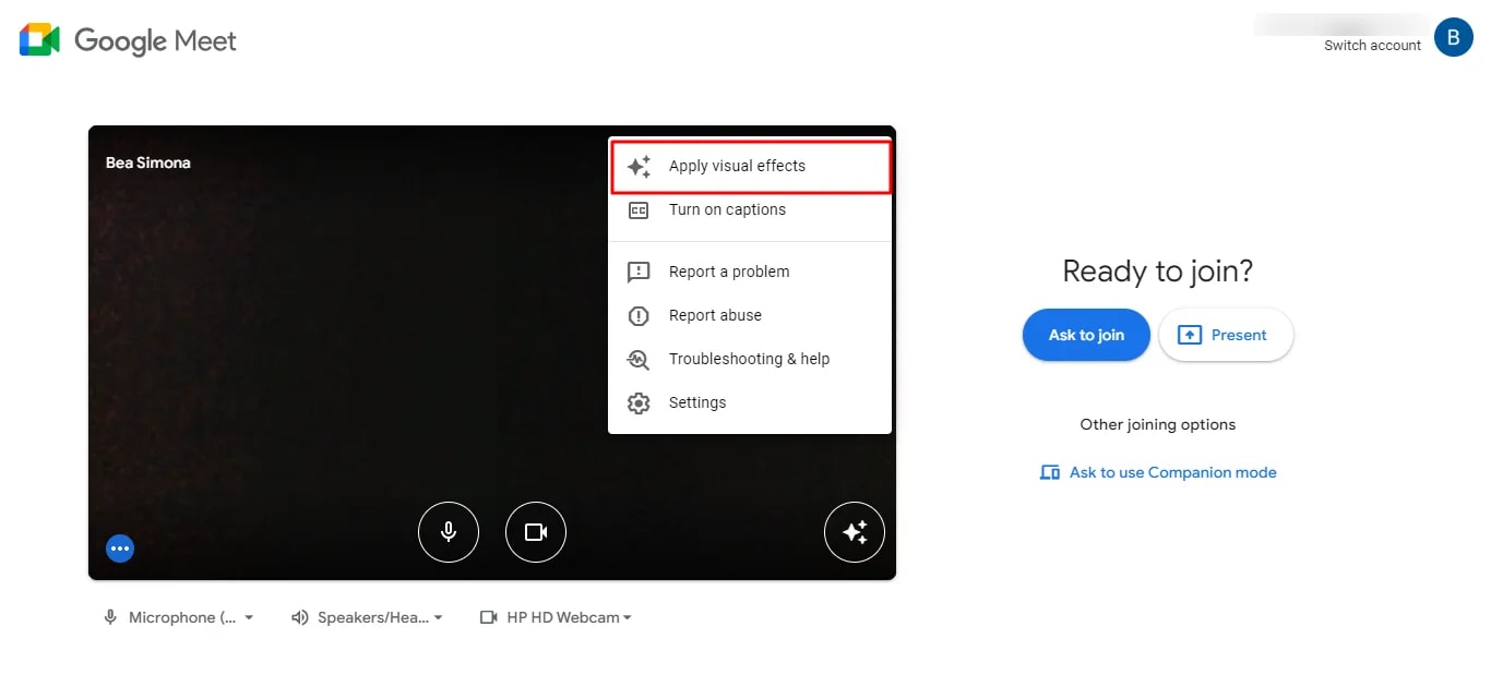 apply visual effects google meet