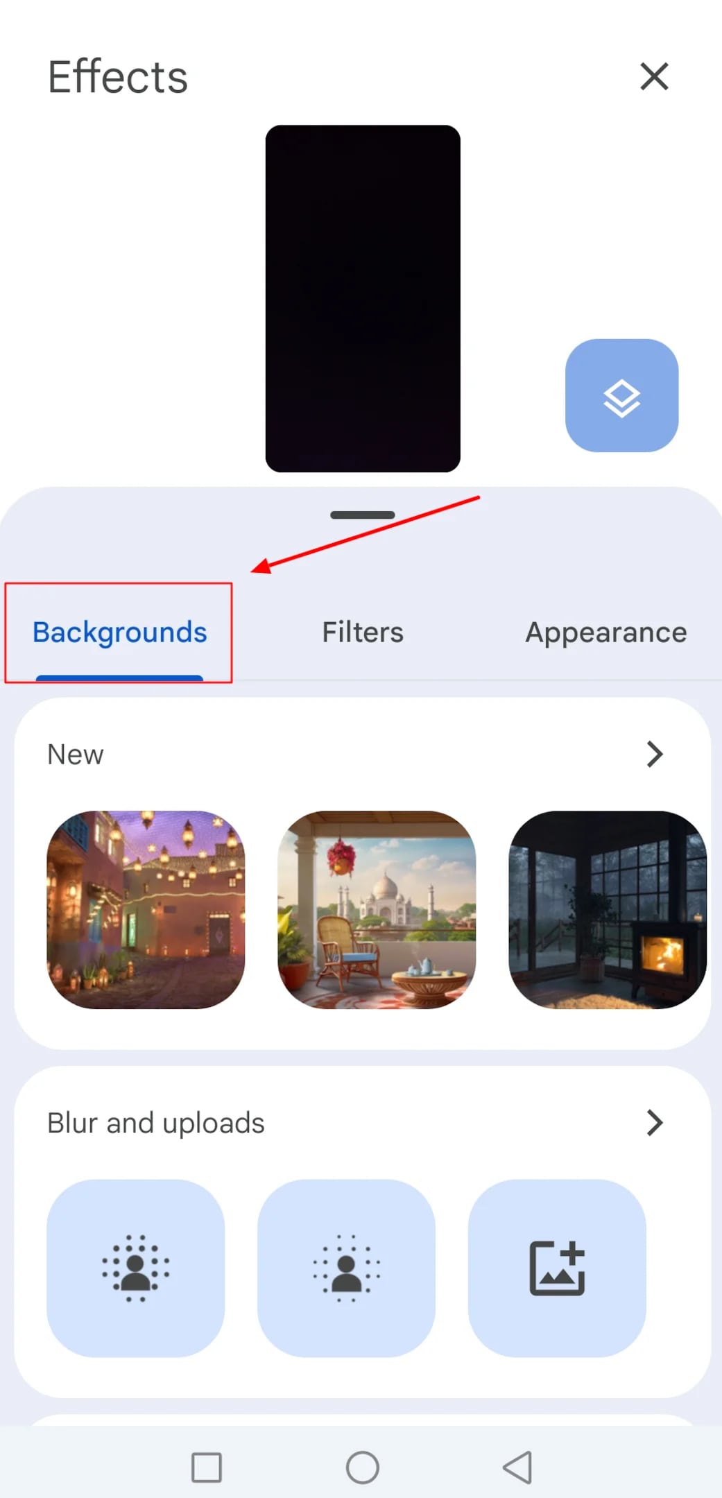 backgrounds tab google meet mobile app