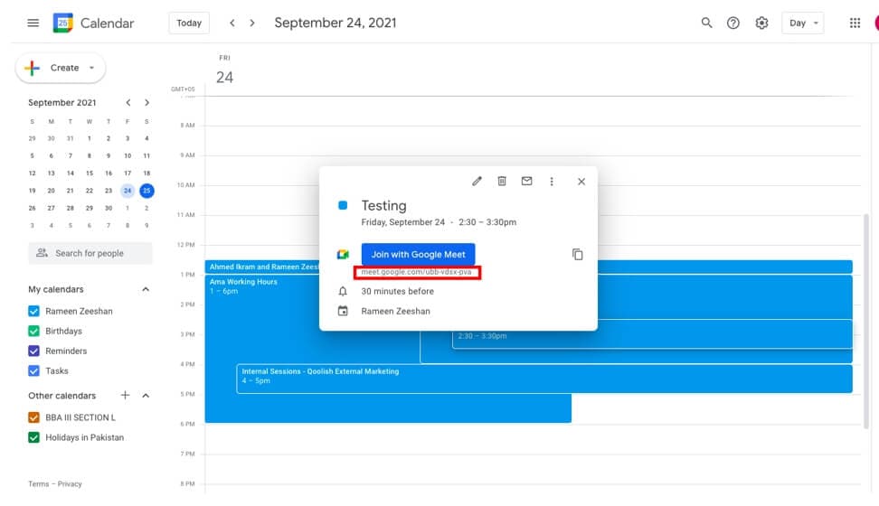 bergabung ke google meet dengan tautan di calendar