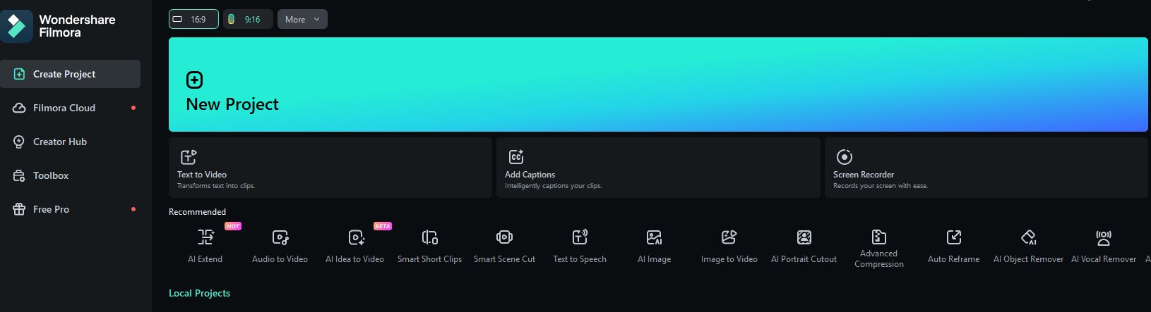 Filmora 새 프로젝트 화면