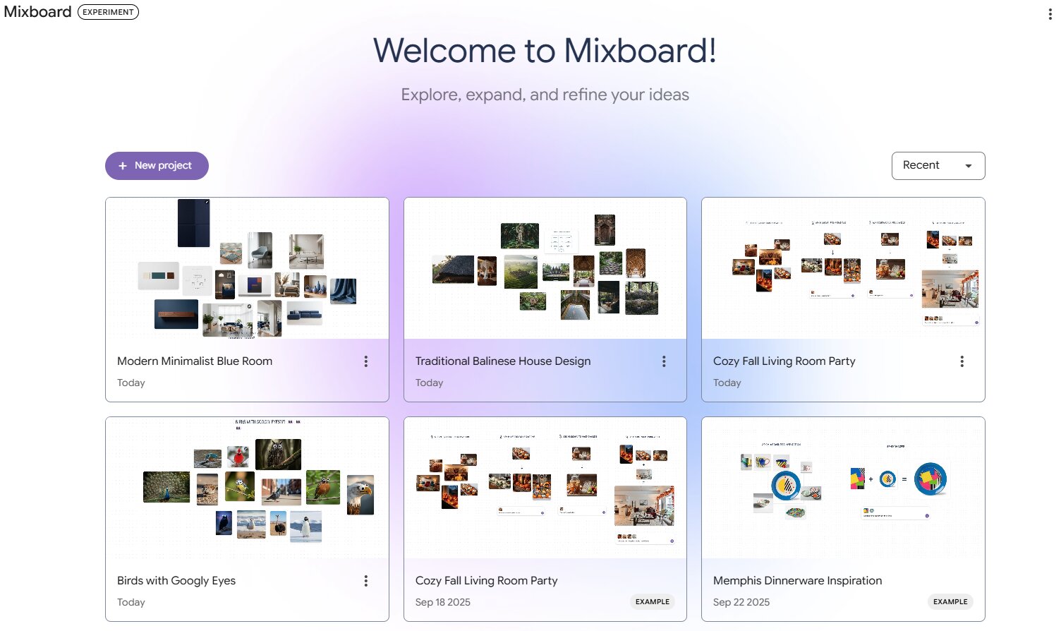 Google Mixboard 새 프로젝트 시작 화면