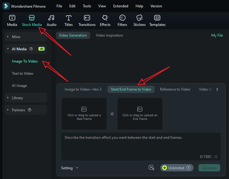 activate start end frame to video in filmora