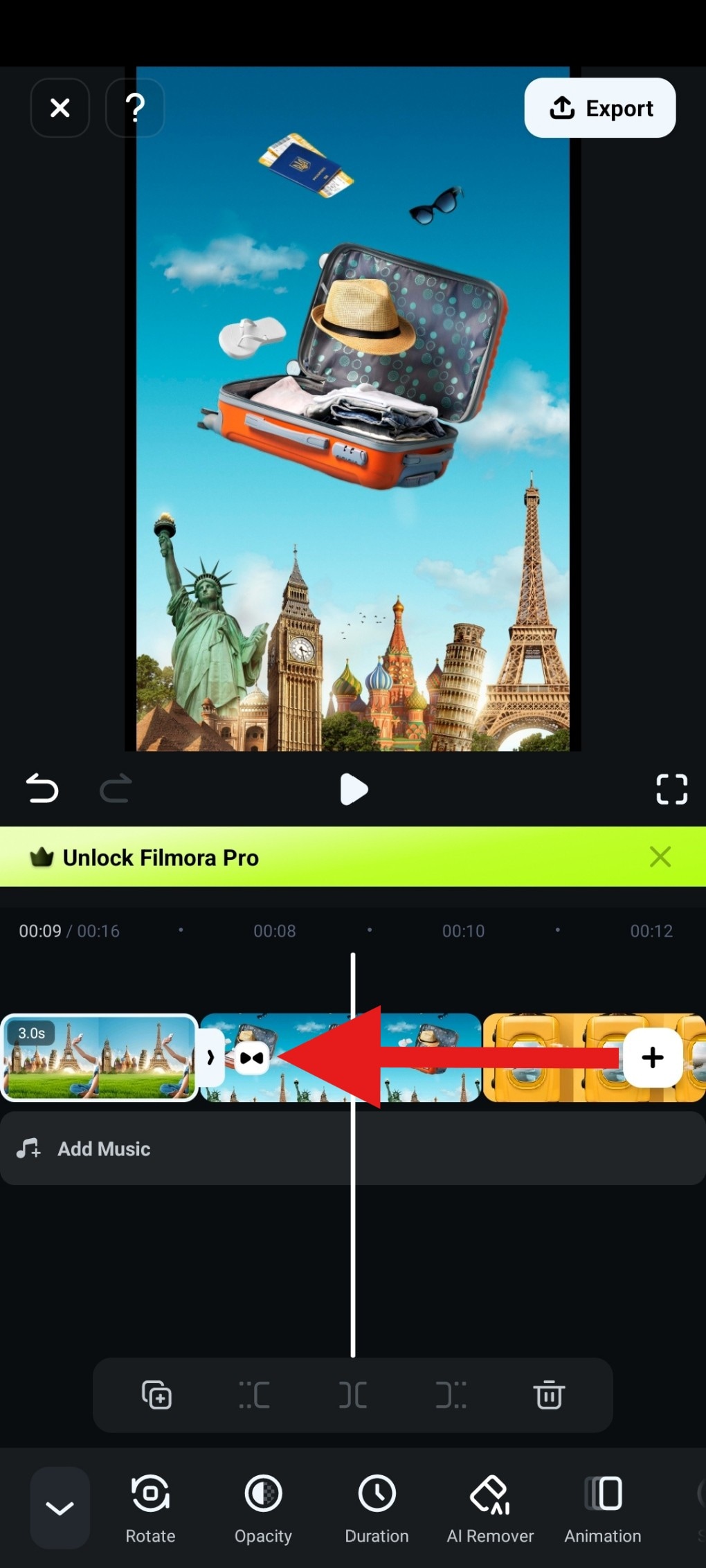 tap do add transitions filmora mobile