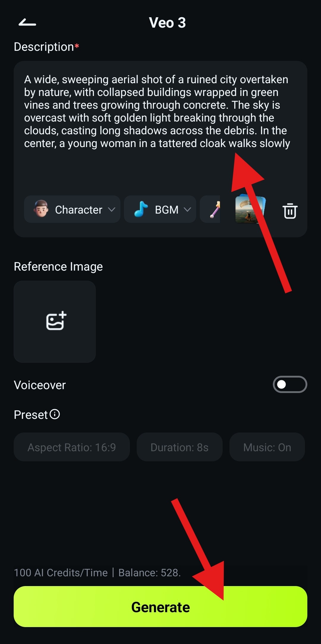 paste generated prompt and tap generate
