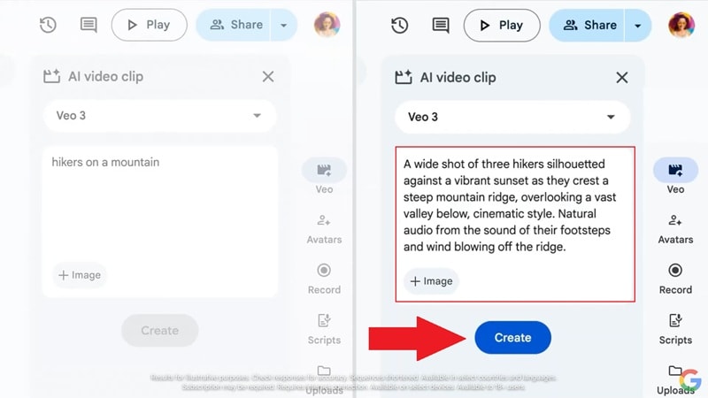 type your prompts and click create