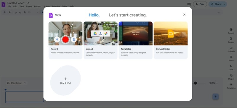 google vids free plan interface