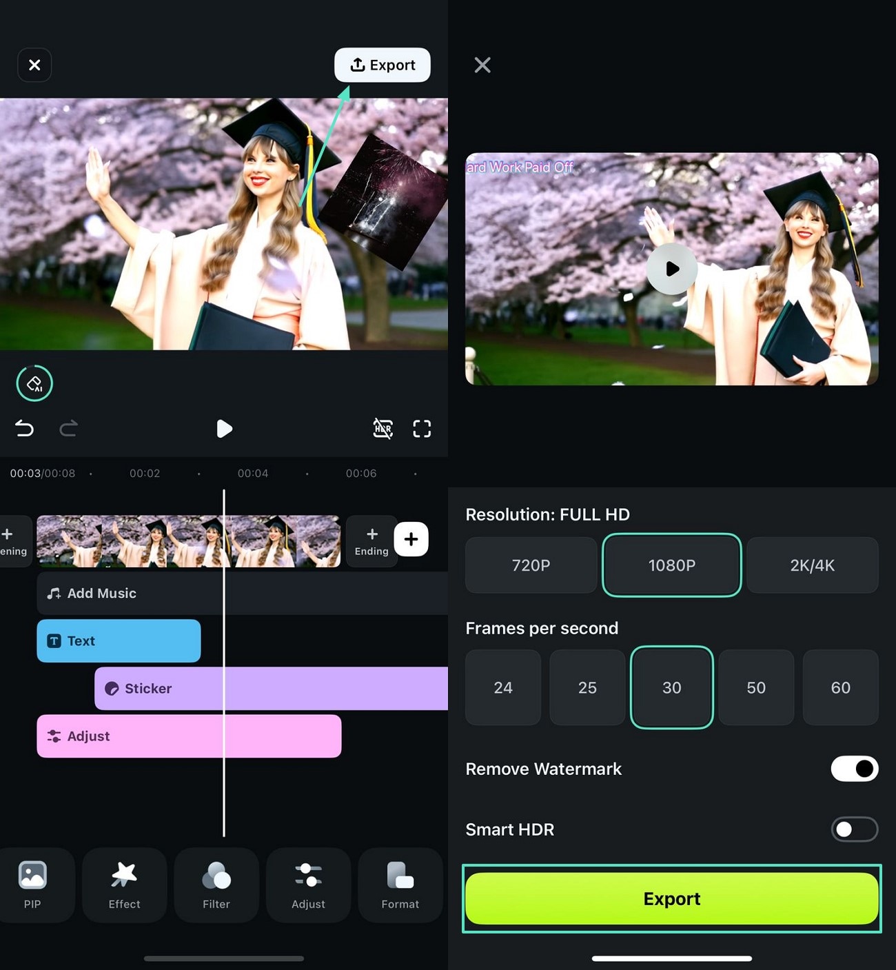 set resolution and export graduation video