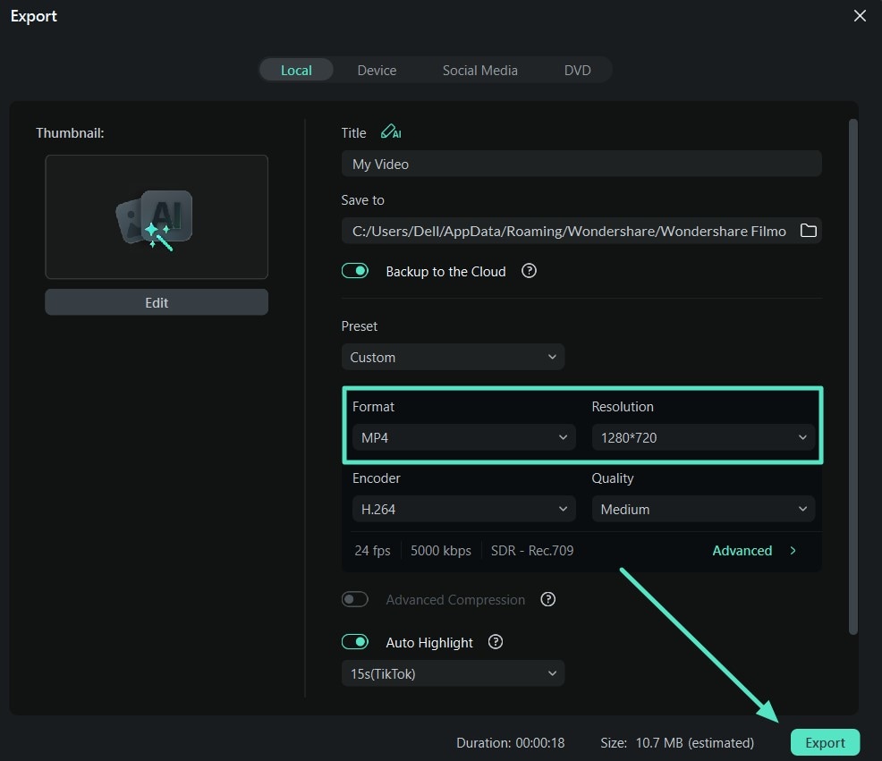set file format and resolution