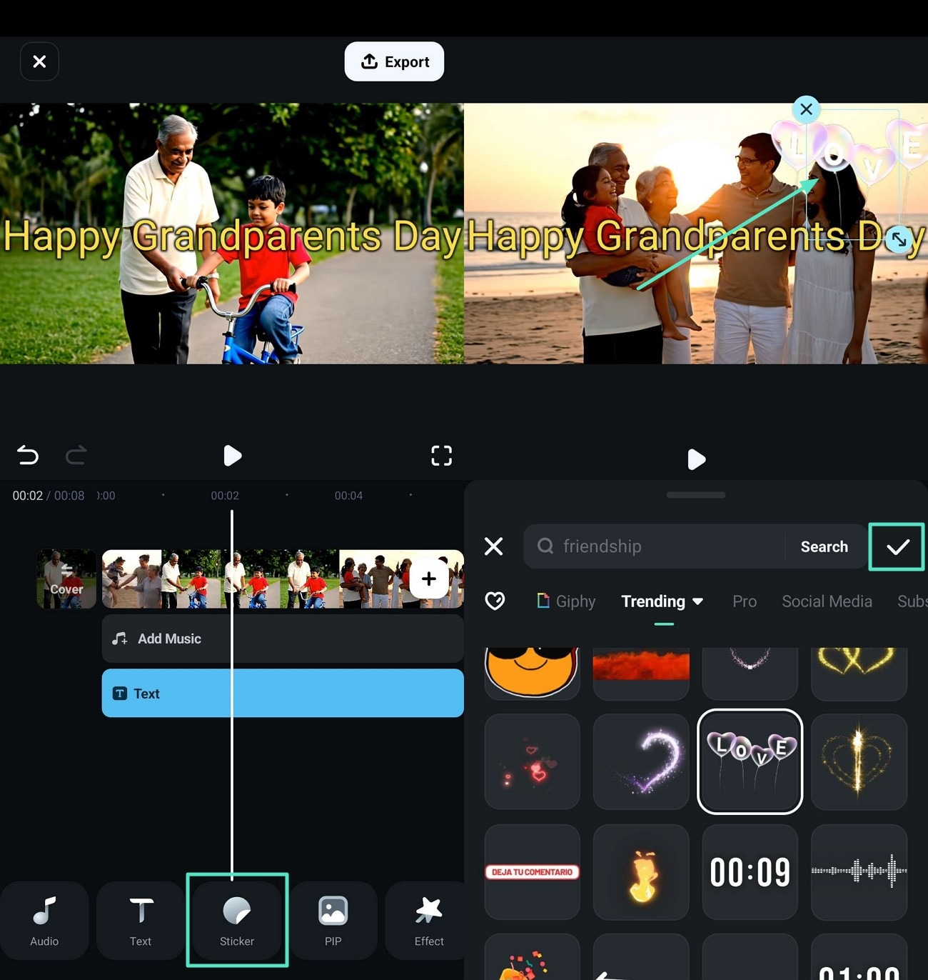 insert sticker to grandpa video
