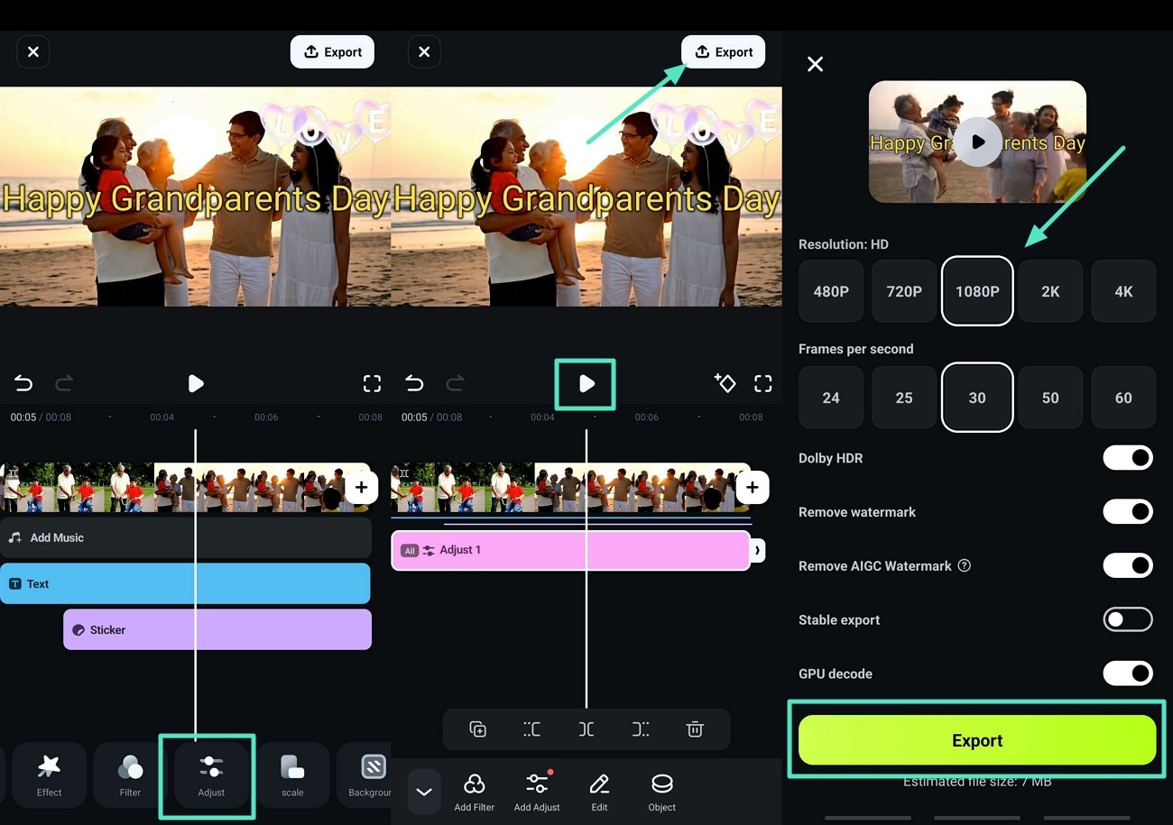 adjust video and hit export