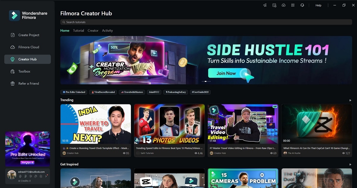 filmora creator hub interface