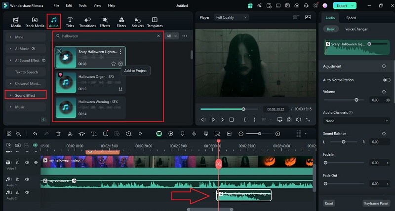 add halloween sound effect to timeline