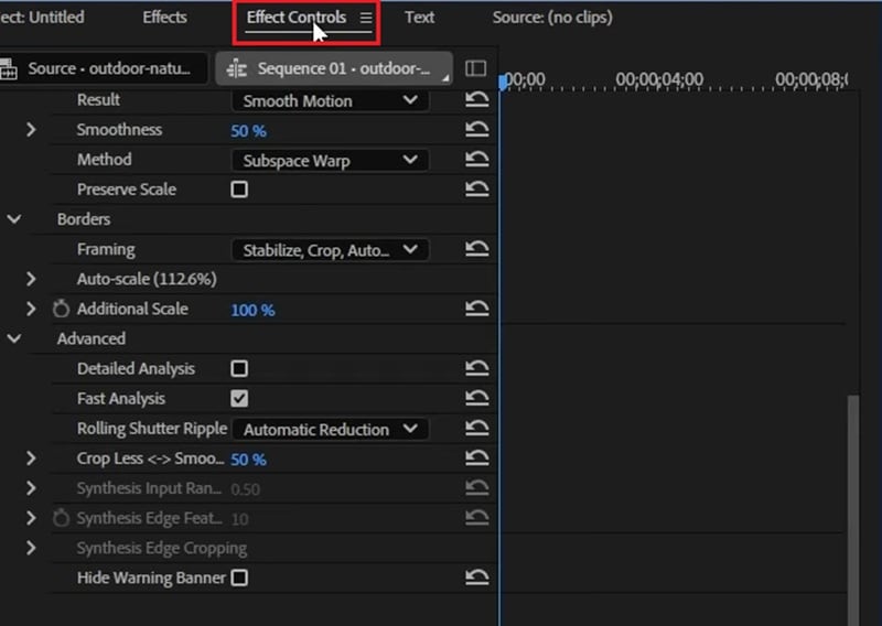 adjust stabilization in effects control