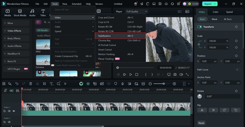 open stabilization tool in filmora