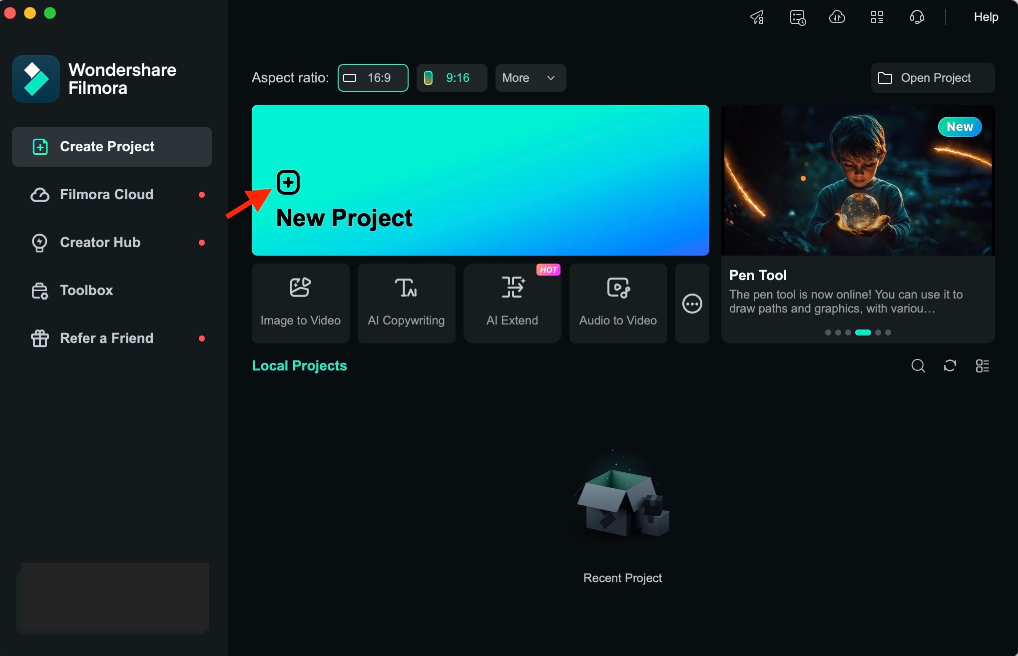 créer un nouveau projet dans filmora