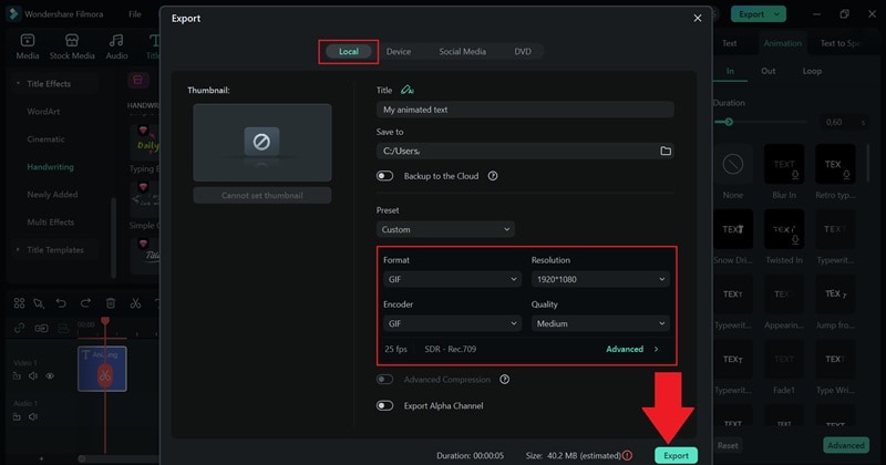 export and save your text animation