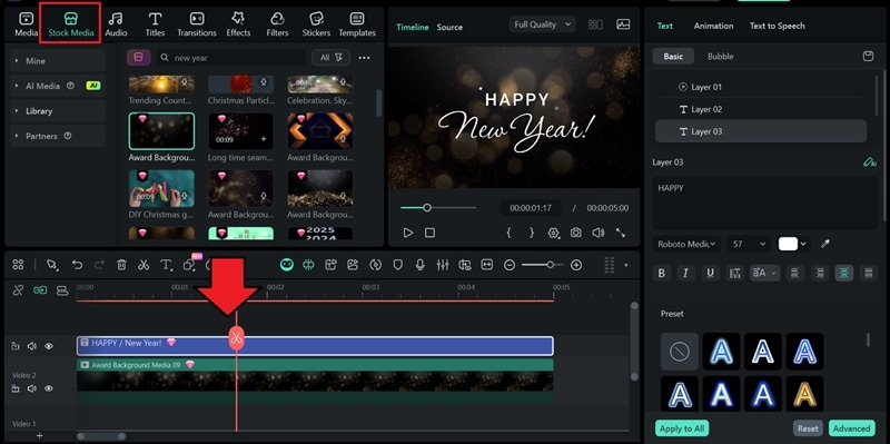 find new year video in filmora