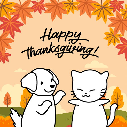 cute animated cat and dog thanksgiving gif