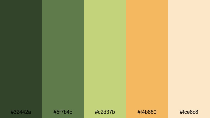 harvest meadow glow gold green color palette with hex codes