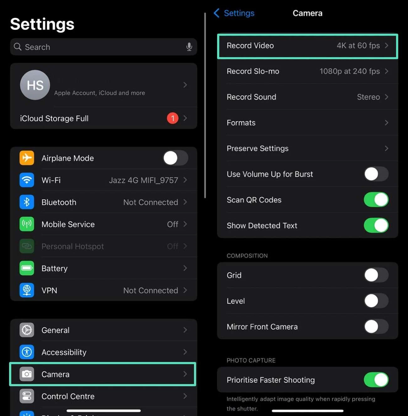 access video settings iphone 