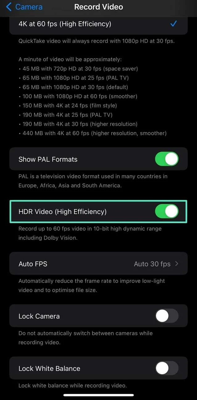 enable hdr i phone video