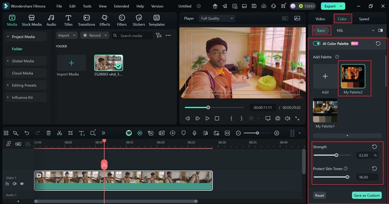 use filmora ai color palette feature