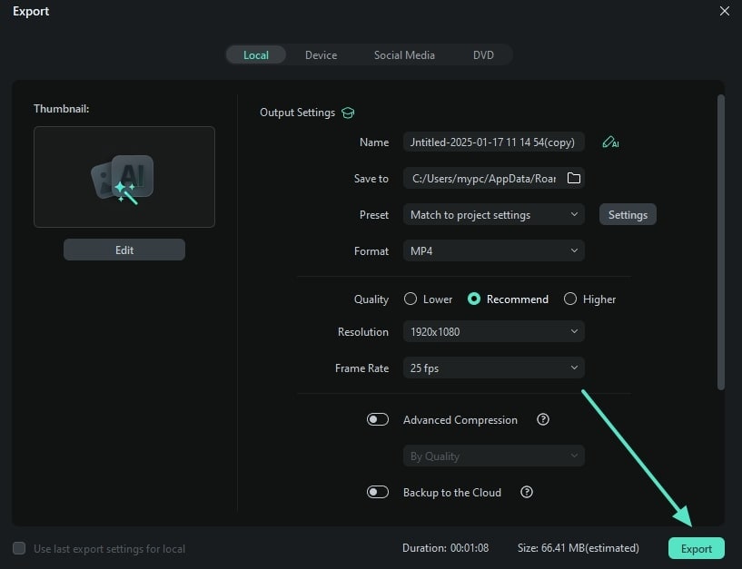 click export after adjusting settings 