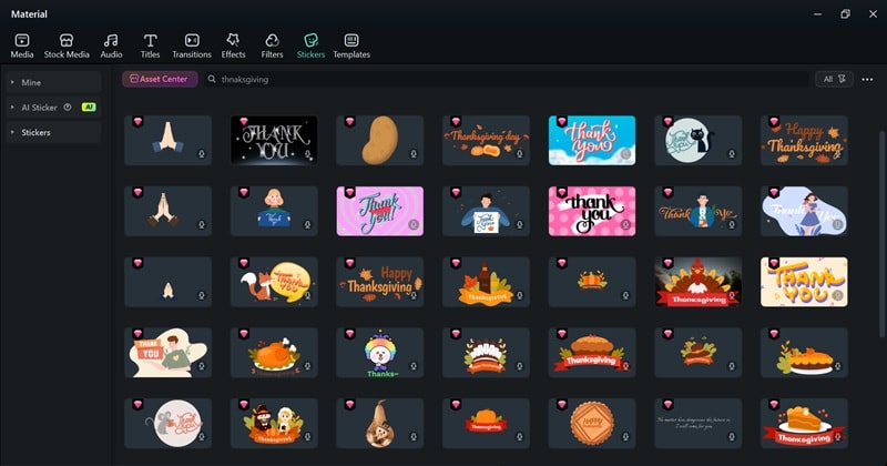 thanksgiving creative stickers inside filmora library