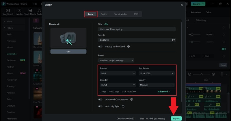 export your thanksgiving history video and save it locally