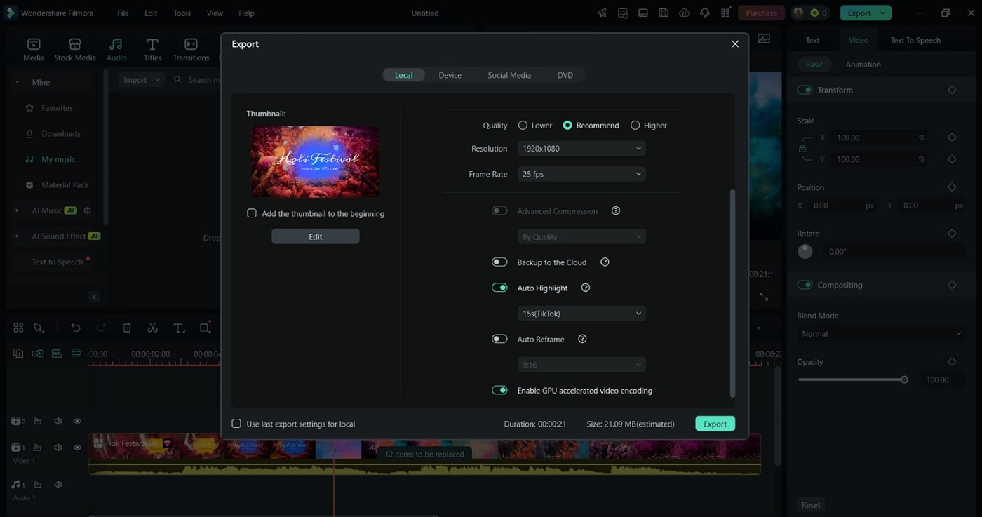 previewing and exporting the project