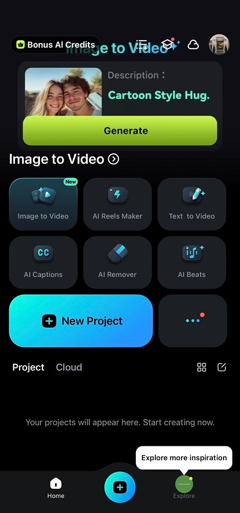 filmora mobile main menu