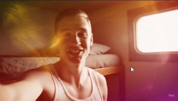 reddish light leak filter on man