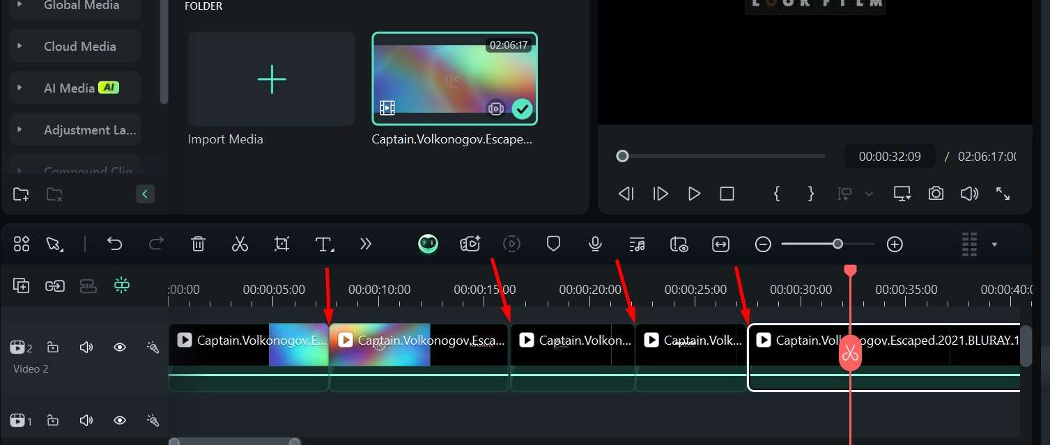 filmora cutting clips on timeline