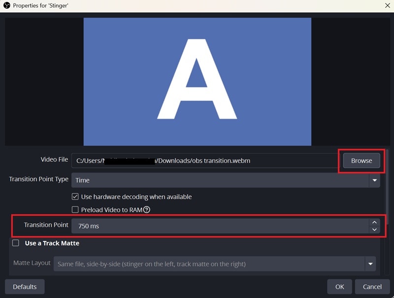 upload transition clip and adjust duration