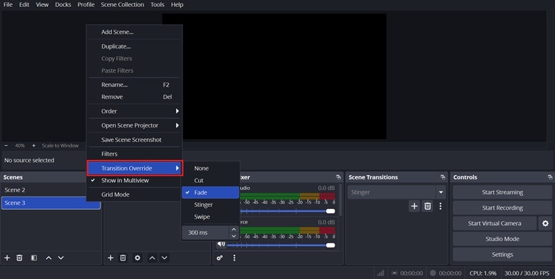 set different transition for scene