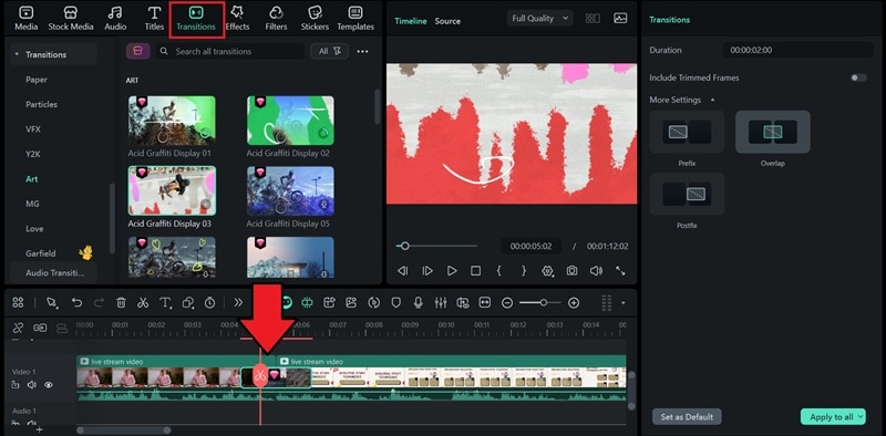 add filmora transition between the clips