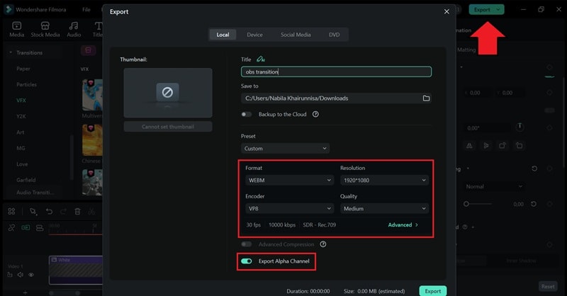 export the transition clip