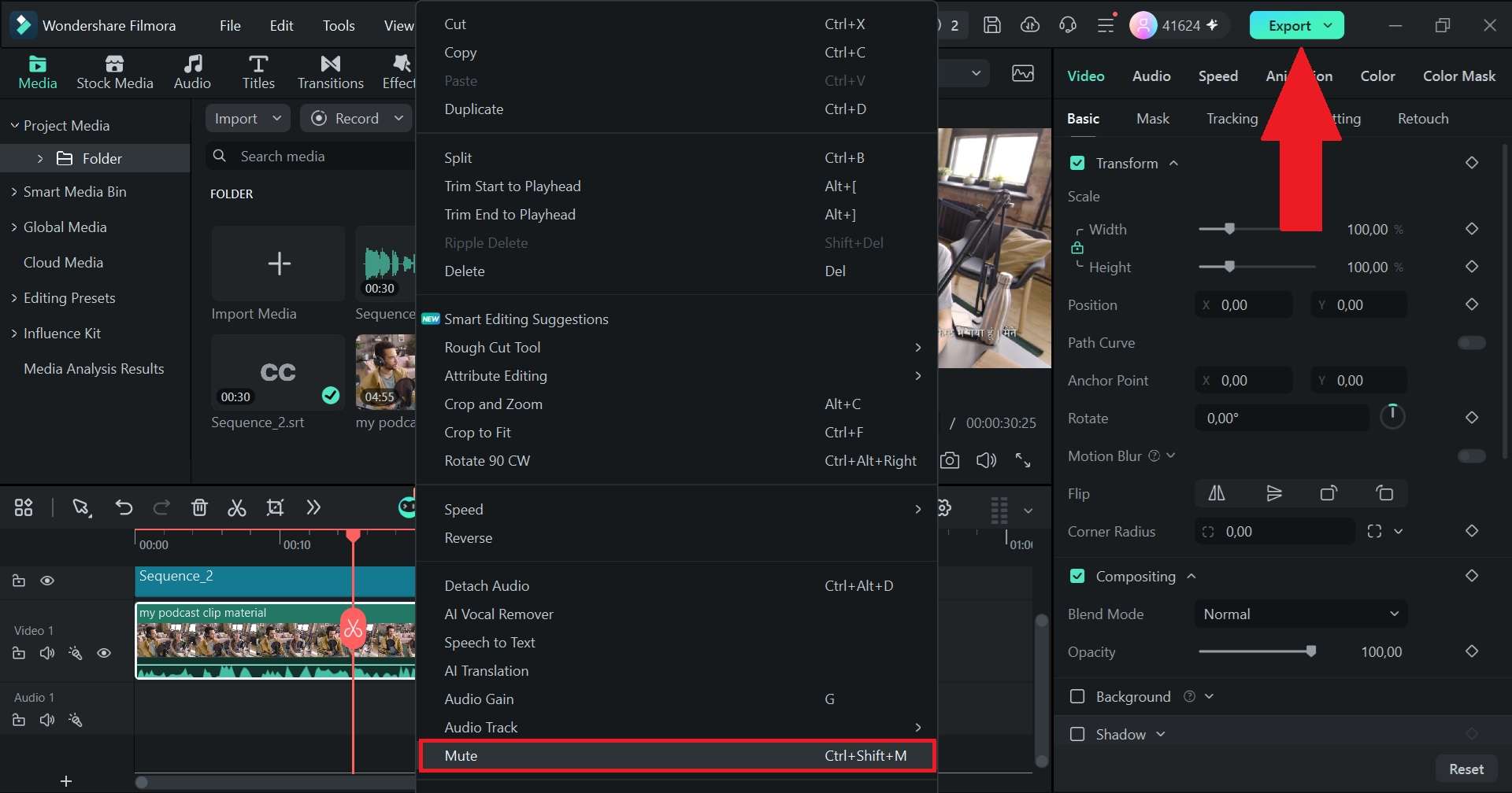 unmute original audio track and export