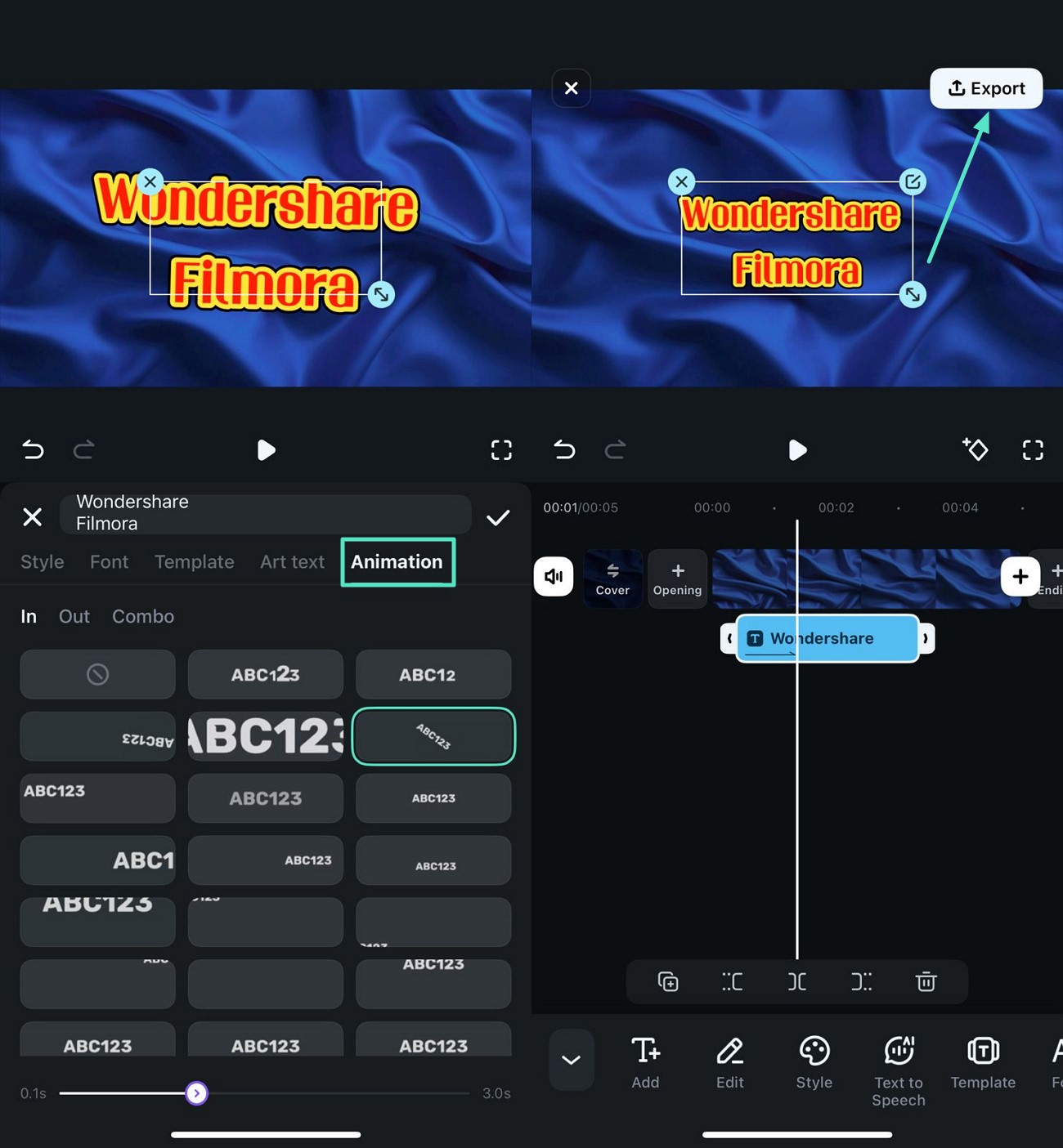 animate added text