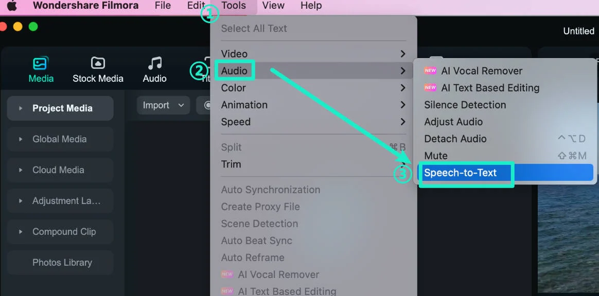 select speech-to-text under audio