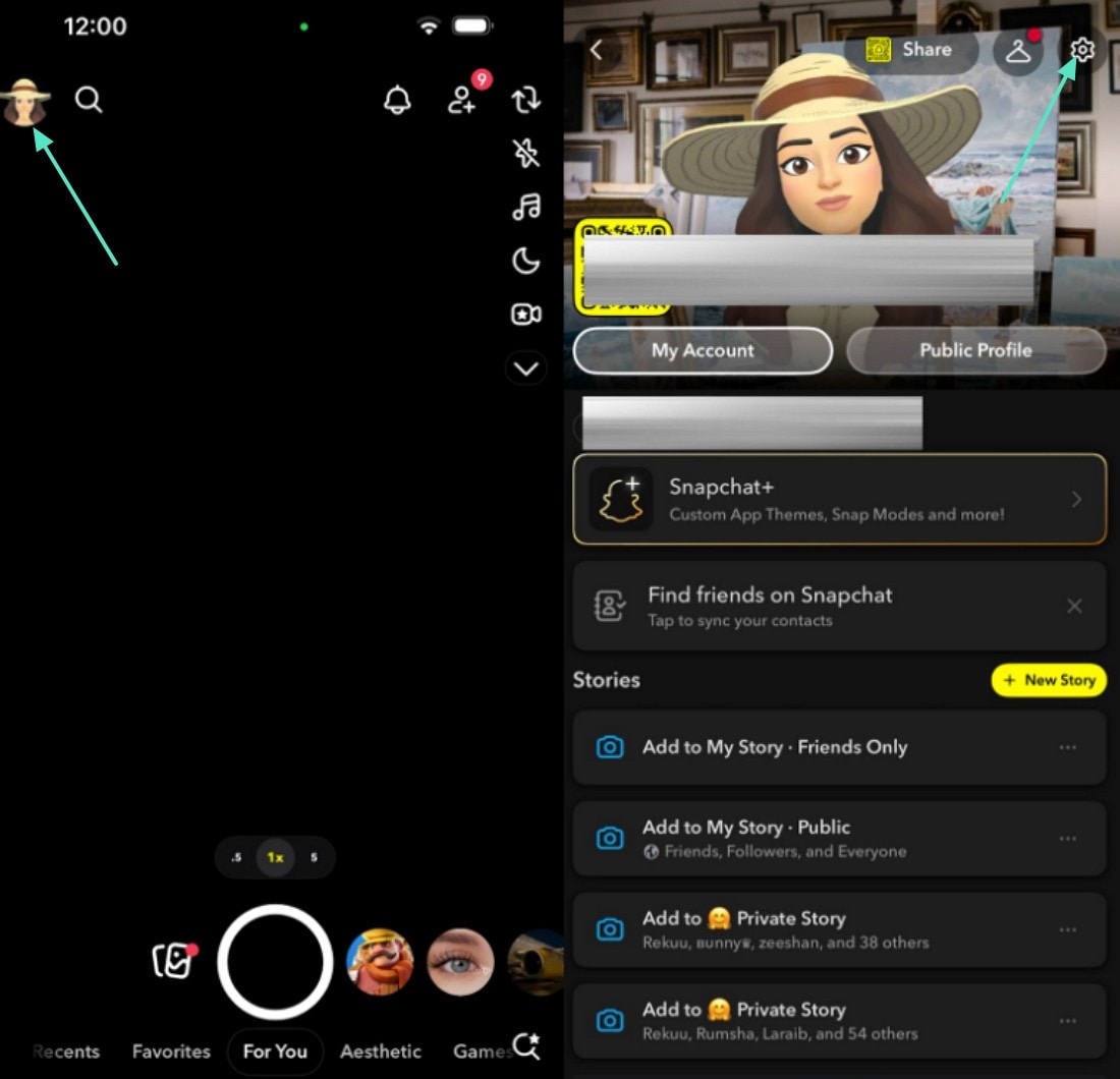 navigate to bitmoji and settings icon