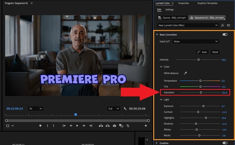 adjust saturation slider in basic correction