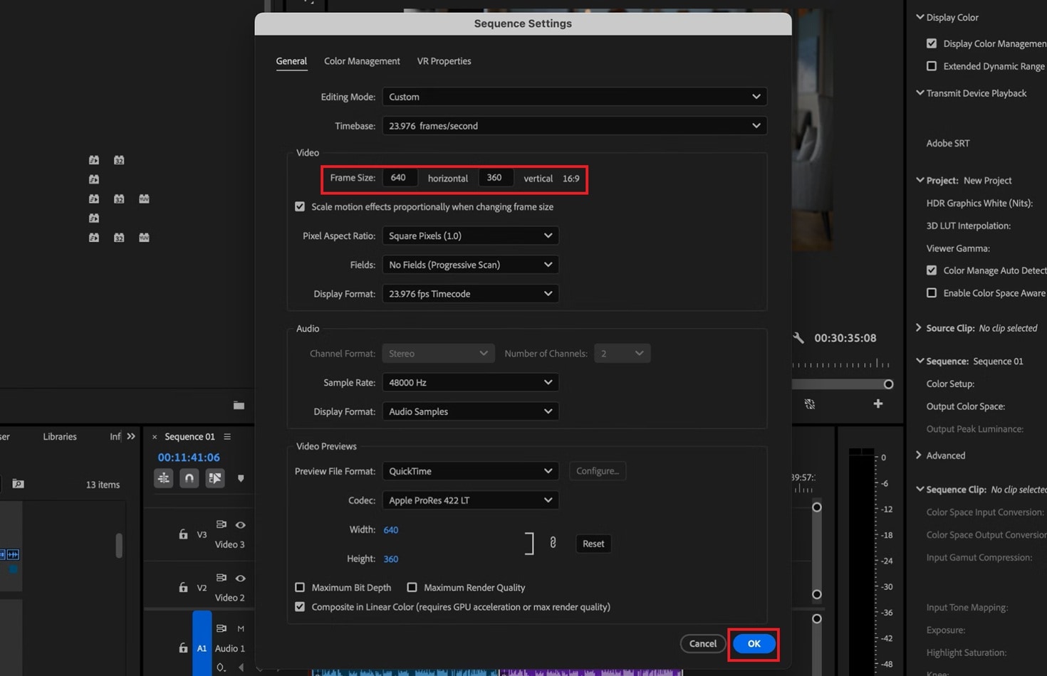 change the sequence frame size